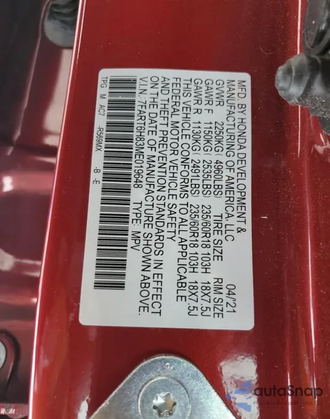 2021 Honda Cr-V Exl из США, поврежденный, VIN 7FART6H83ME019648